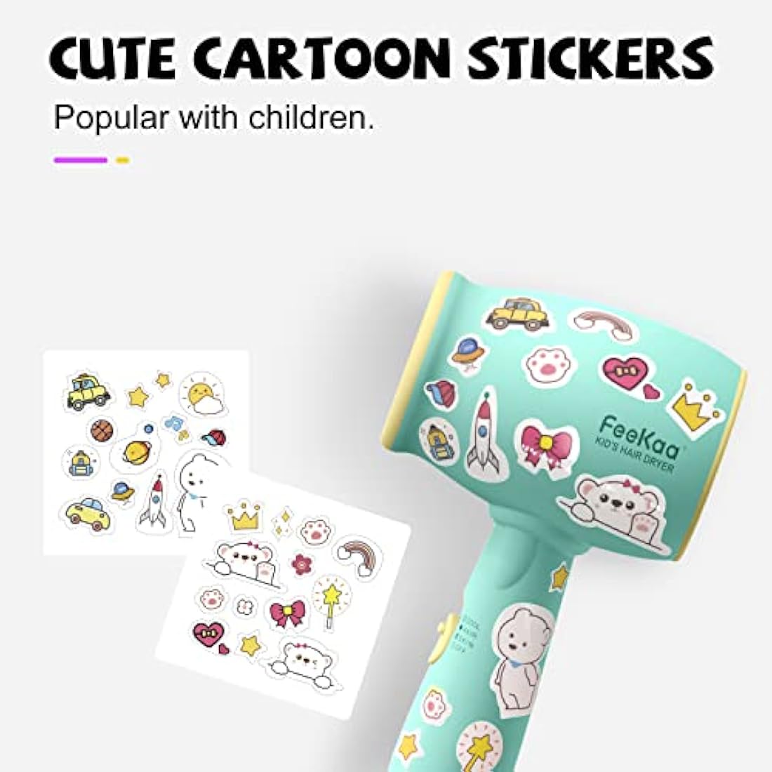 Feekaa Kids Hair Dryer, Portable Mini Baby Blow Dryer, Quiet Small Hair Dryer Travel Size for Children, Compact Kids Hairdryer with DIY Stickers, Gift for Boy & Girl Birthday, New Born, Baby Shower