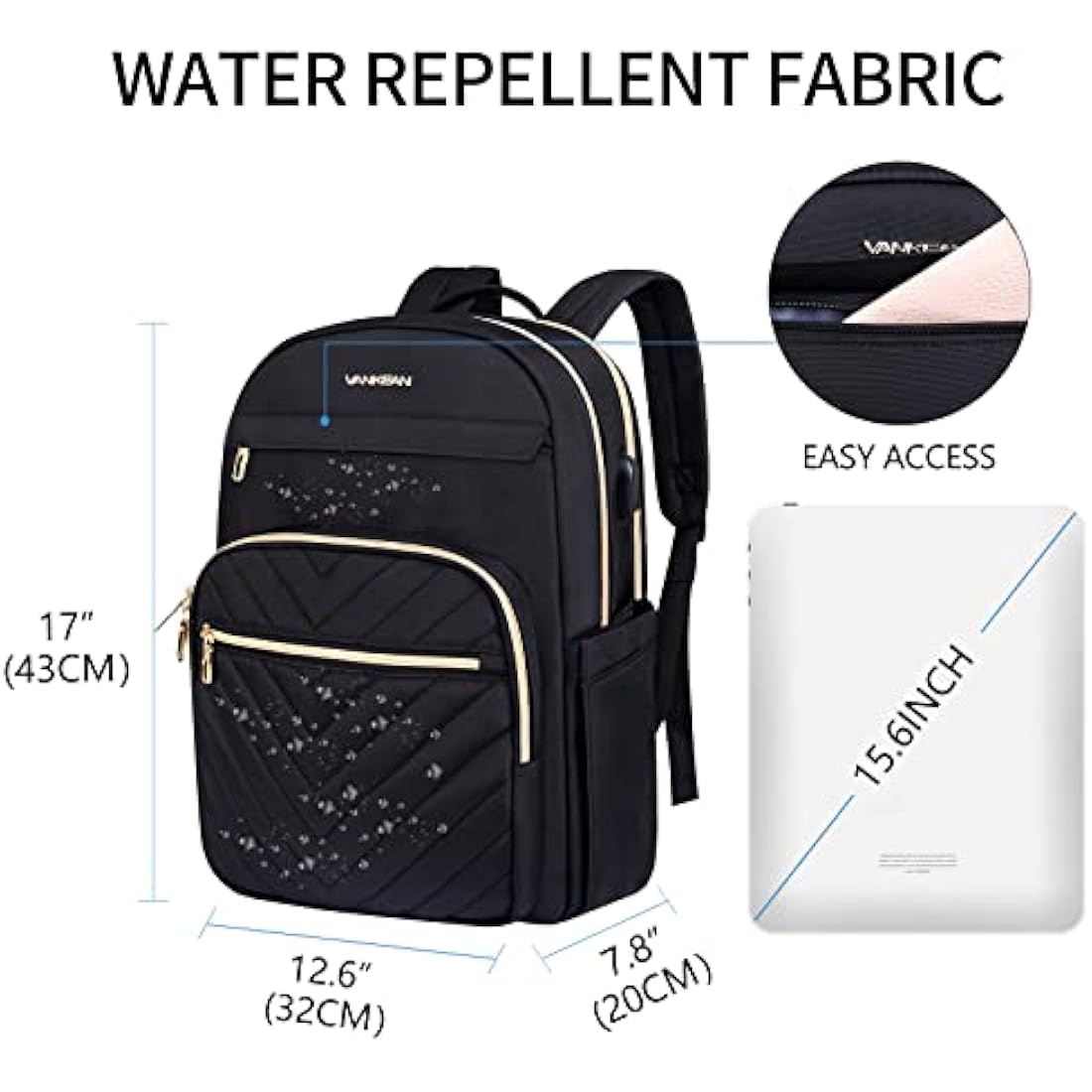 VANKEAN 15.6 Inch Laptop Backpack for Women Men Work Laptop Bag Fashion with USB Port, Waterproof Purse Backpacks Teacher Nurse Stylish Travel Bags Casual Daypacks for College, Business, Black