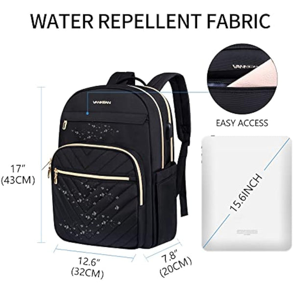 VANKEAN 15.6 Inch Laptop Backpack for Women Men Work Laptop Bag Fashion with USB Port, Waterproof Purse Backpacks Teacher Nurse Stylish Travel Bags Casual Daypacks for College, Business, Black