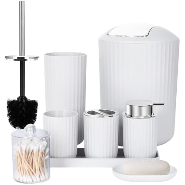 FEILANDUO Bathroom Accessories Sets Complete, 8 Pcs Bathroom Accessory Set with Trash Can, Soap Dispenser, Soap Dish, Toothbrush Holder, Toothbrush Cup, Toilet Brush and Qtip Holders,Vanity Tray White