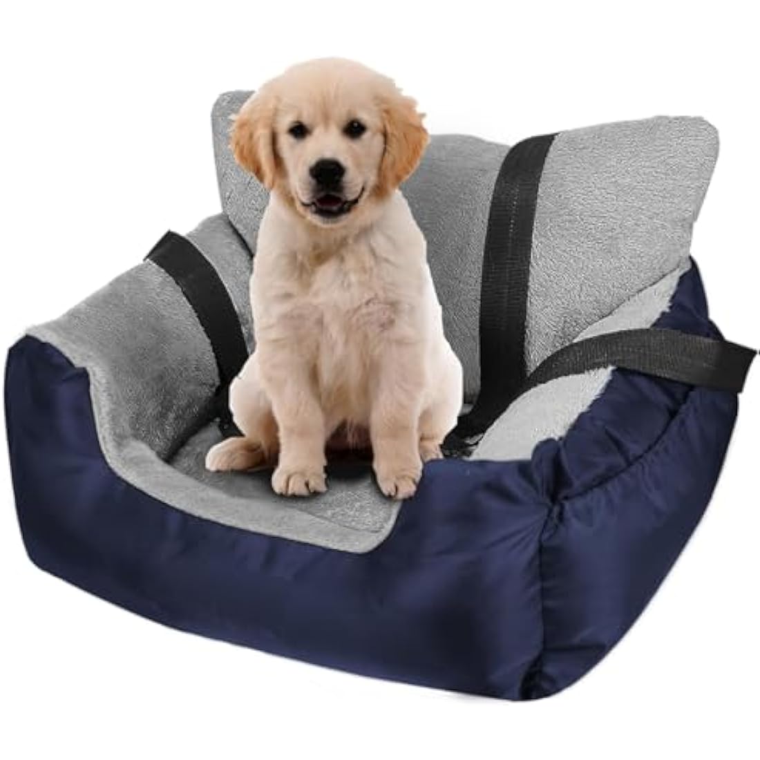 GoFirst Dog or Cat Booster Seat - Travel Car Bed with Storage Pocket, Clip-On Safety Leash, Waterproof Warm Plush, Navy Blue