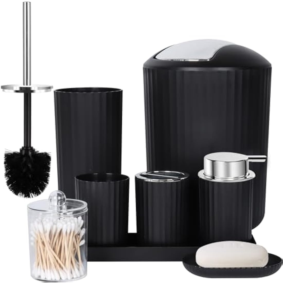 FEILANDUO Bathroom Accessories Sets Complete, 8 Pcs Bathroom Accessory Set with Trash Can, Soap Dispenser, Soap Dish, Toothbrush Holder, Toothbrush Cup, Toilet Brush and Qtip Holders,Vanity Tray,Black