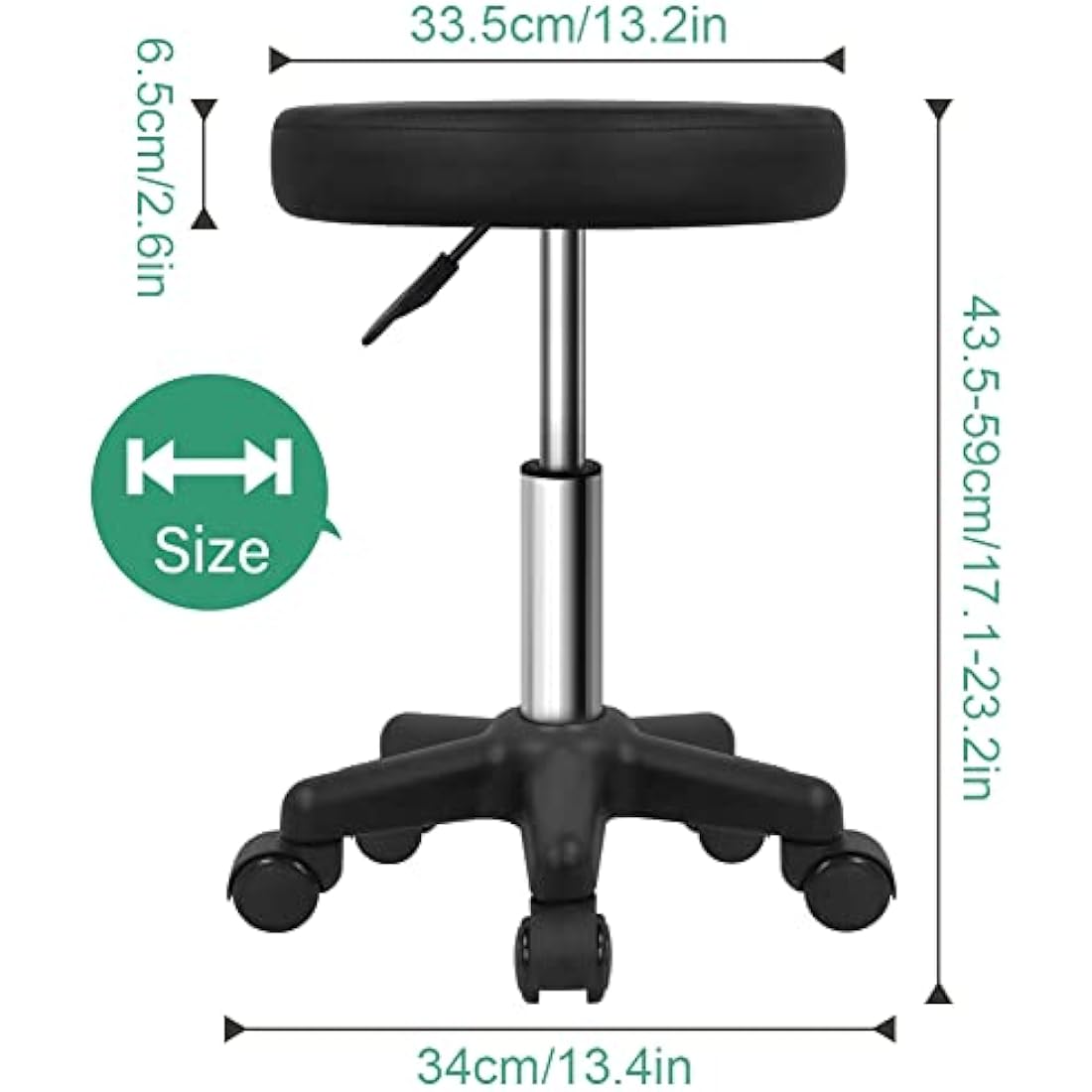 FURWOO Round Rolling Stool with Wheels Height Adjustable Spa Stool for Salon Massage Home Kitchen Black