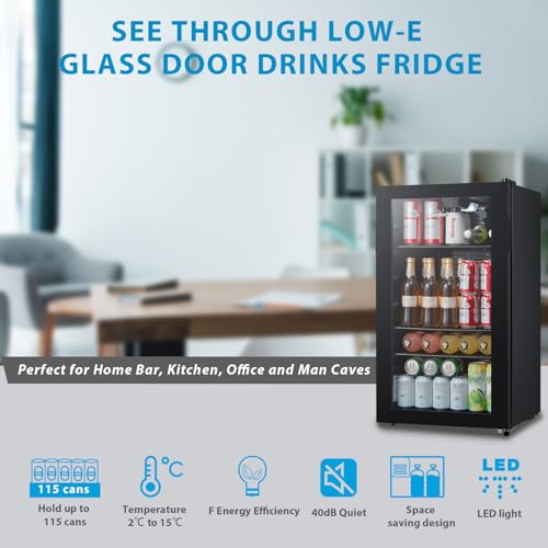 COMFEE' RCZ99BG2(E) Under Counter Beer & Drinks Fridge-93L Capacity,Holds up to 115 Cans, Premium Temperature Performance (2℃ to 15℃), Full Length Low-E Glass, Removable Shelves, LED Light, Low Noise