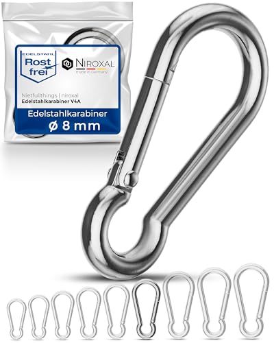 50 pieces 8-mm Stainless steel snap hook without thimble made of V4A robust shape without eye breaking load 1500 kg snap-on hooks fire brigade carabiner 316 8x80-mm
