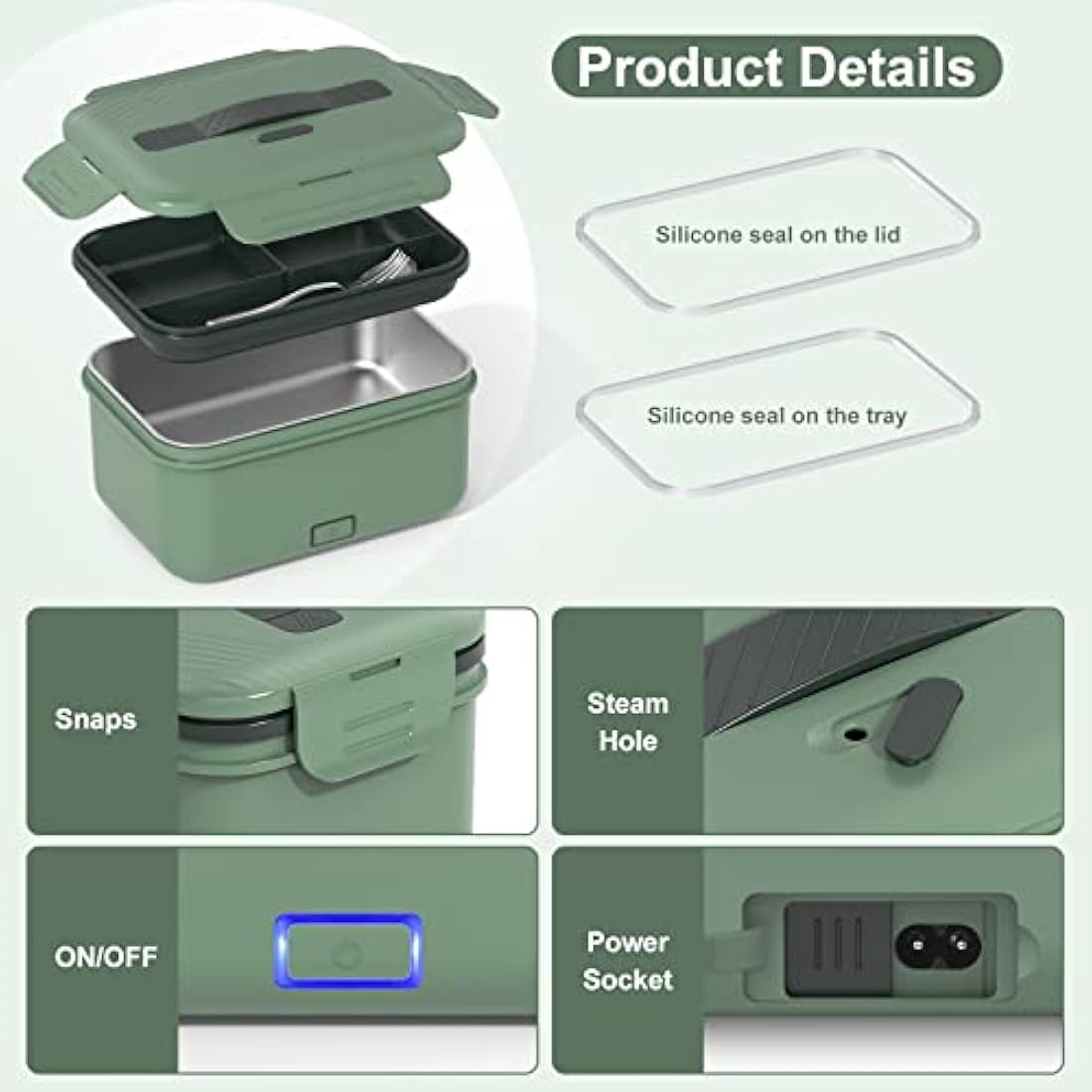 Vabaso 100W Electric Lunch Box with Fruit Compartments, Heated Lunch Box Adults with Insulated Lunch Bag, 1.8L Large Capacity 304 SS Container,Leakproof, Father's Day Gifts for Car Truck Driver Green
