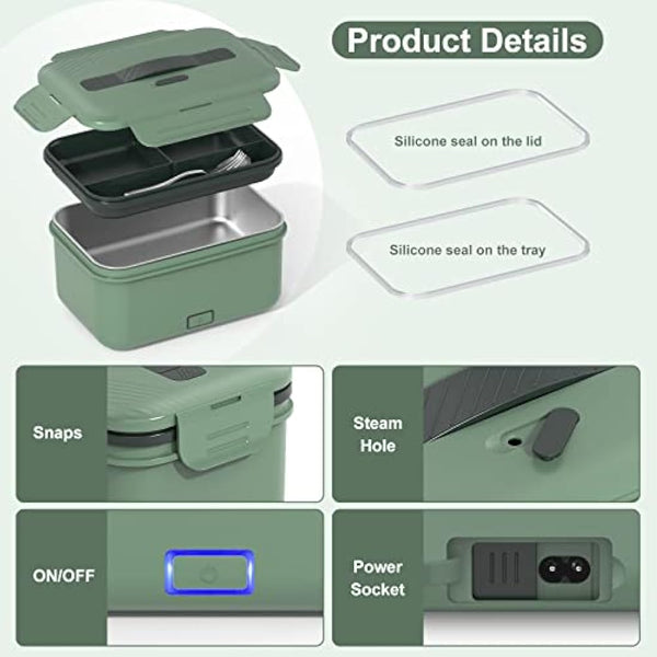 Vabaso 100W Electric Lunch Box with Fruit Compartments, Heated Lunch Box Adults with Insulated Lunch Bag, 1.8L Large Capacity 304 SS Container,Leakproof, Father's Day Gifts for Car Truck Driver Green