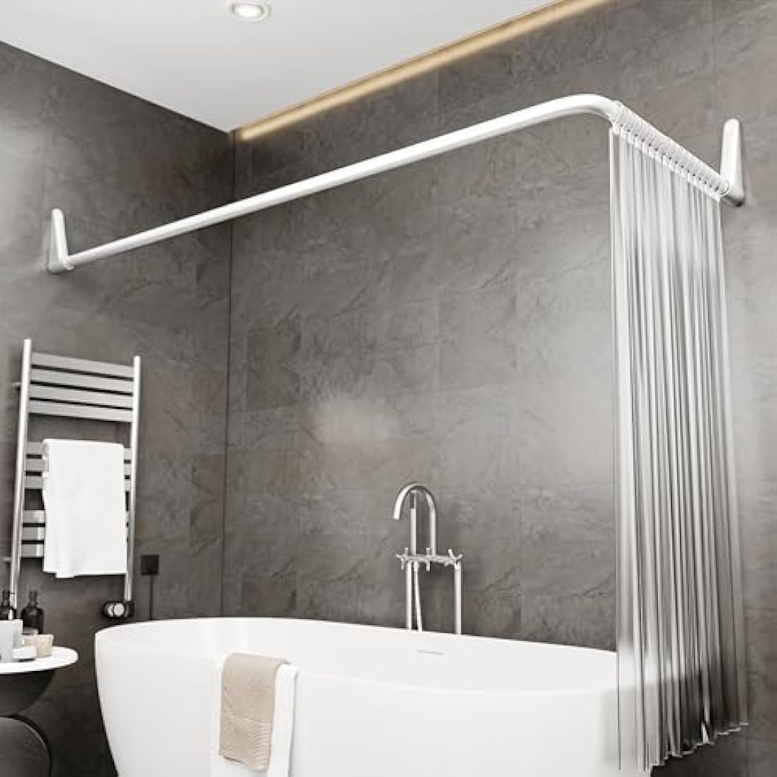 Erica Shower Curtain Rail for Bathtubs, L-Shaped Shower Curtain Pole in three varations 70x90cm / 70x160 cm / 90x140 cm, Wall Mounted Shower Pole, Curved Shower Rail, White Powder Coated Steel