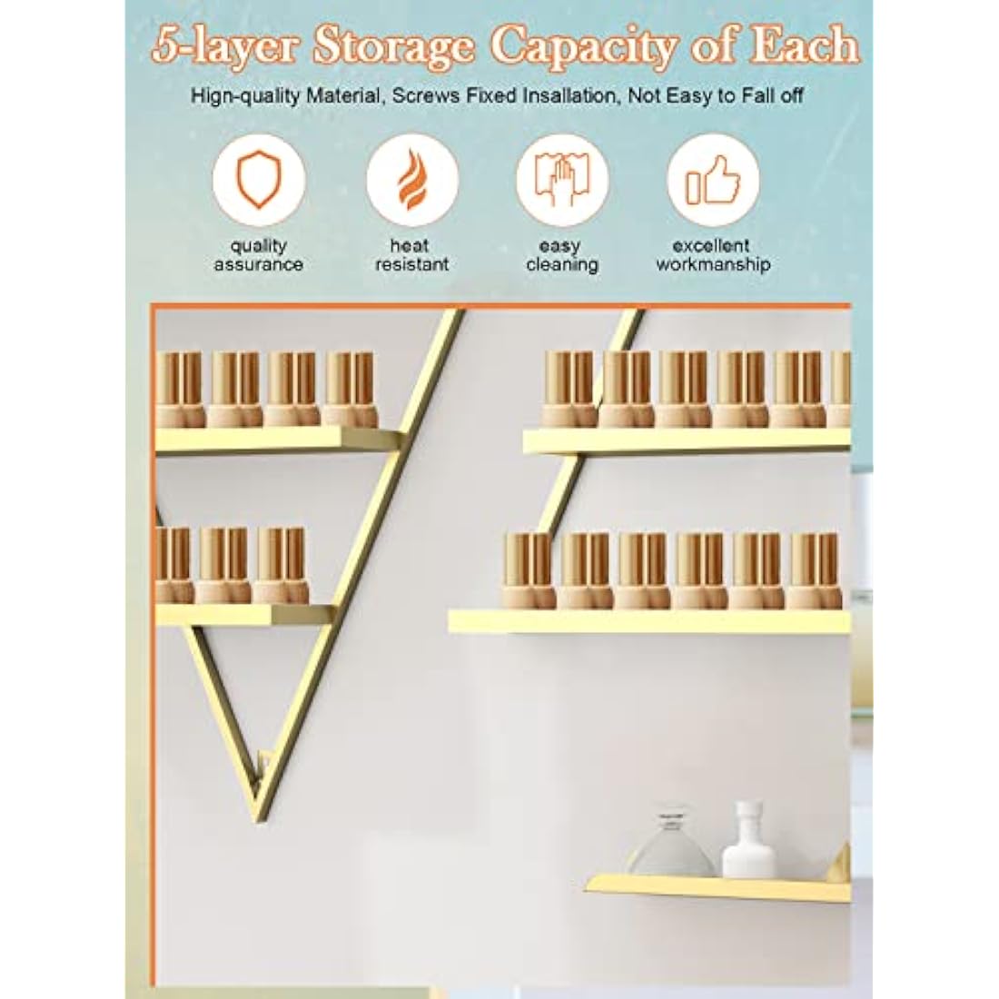 Kalolary Metal Wall-mounted Nail Polish Storage Racks 5 Tiers Gold Triangular Display Rack Cosmetic Display Cases Lipstick Perfume Wall Shelf Essential Oil Organizers for Home Spa Nail Salon Shop