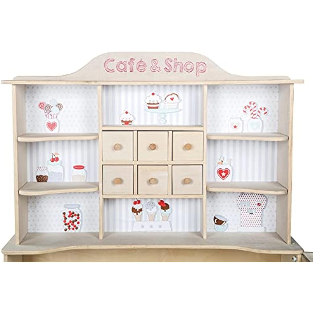 roba Wooden Play Shop 'Café & Shop' - Sales Stand With 6 Drawers + Side Counter + Accessories (Natural With Print)