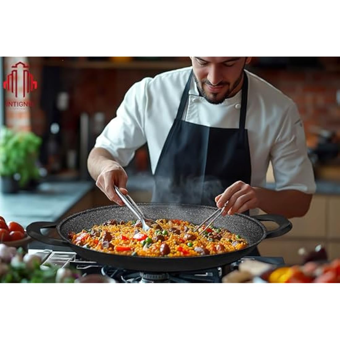 INTIGNIS Traditional Paella Pan 40cm – Non-Stick Induction | Heavy-Duty, Anti-Scratch, Stainless Steel Base | Paella+Pan for Gas, Electric & Ceramic Hobs Cookware | Paellera