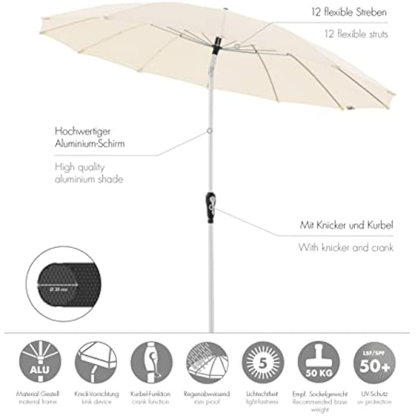 Doppler Parasol Asia Look SL-AZ Auto Tilt 250 cm Nature I Garden Umbrella Bendable I Crank Umbrella with UV Protection 50+ I Crank Umbrella Made of Aluminium I Rainproof Polyester Umbrella Roof