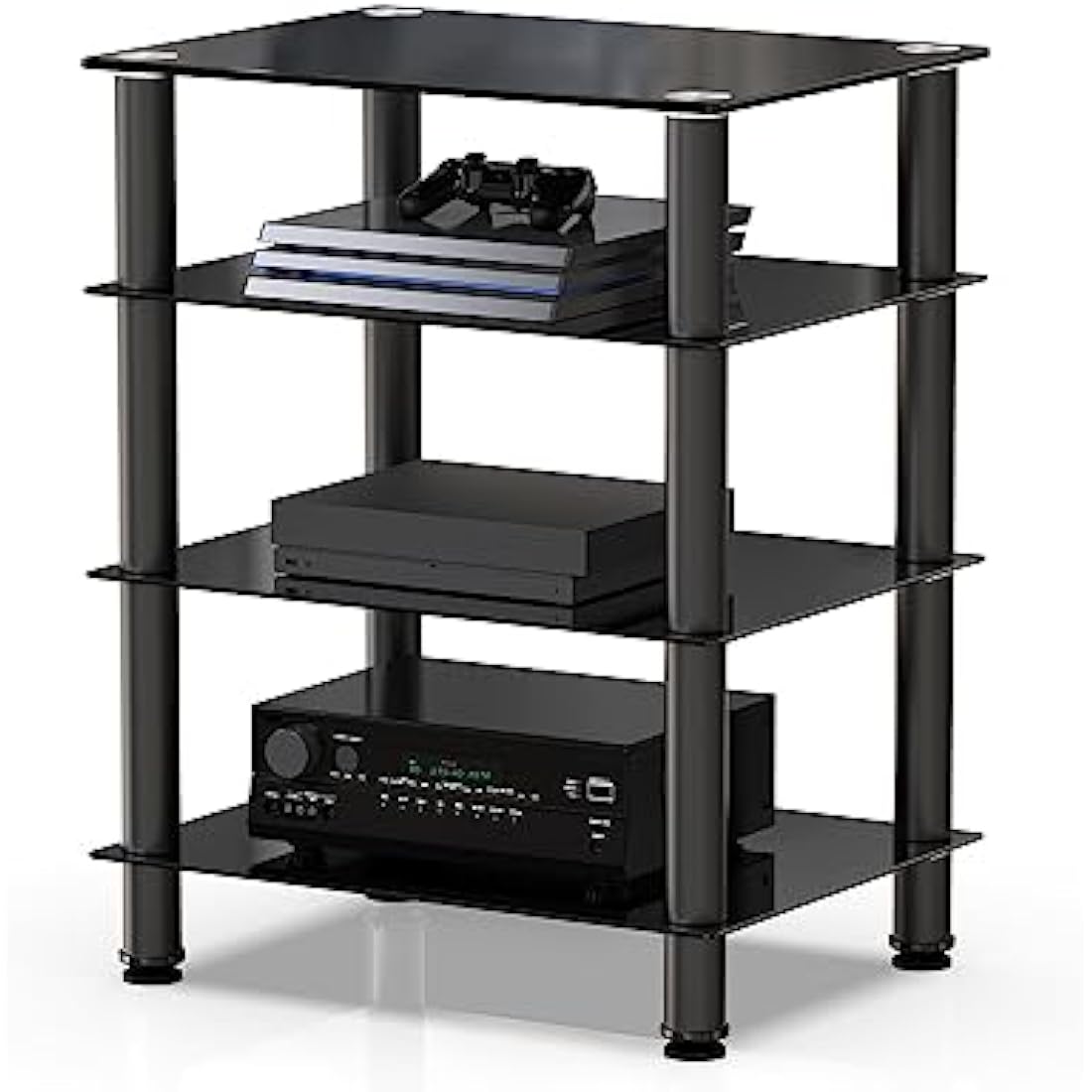 FITUEYES HiFi Rack AV Shelf 4-Tiers Glass TV Stand with Tempered Glass Media Storage Shelves Black