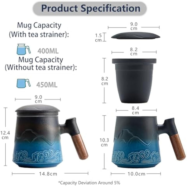 ZENS Tea Mug with Infuser and Lid, 450ML Embossed Ceramic Tea Cup with Strainers for Loose Leaf Tea Diffusers, Wood Handle Tea Infuer Mug for Brewing Tea Accessories for Women Tea Lovers Gifts