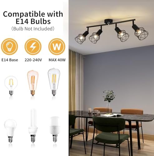 FORCOSO Ceiling Lights Spotlight, 4 Way Spot Lights 350°Adjustable, E14 Base Black Light Shade Metal Wire Cage Light Fittings, Industrial Wall Ceiling Lamp for Kitchen Living Room Hallway Bedroom
