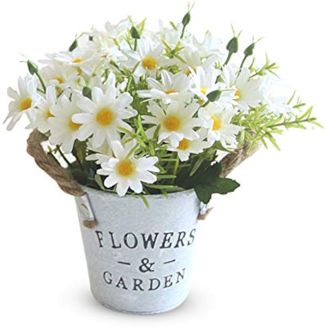 Hwtcjx Artificial Flowers with Vase, Artificial Flowers in Pots, Fake Plants With Metal Pot, Plastic Flower, with Vintage Metal Bucket, Beautiful Decoration, for Wedding, Office, Home (White)