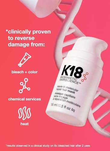 K18 Mini Leave-In Molecular Hair Mask, Repairs Dry or Damaged Hair, Reverse Hair Damage from Bleach, Colour, Chemical Services & Heat, 15ml