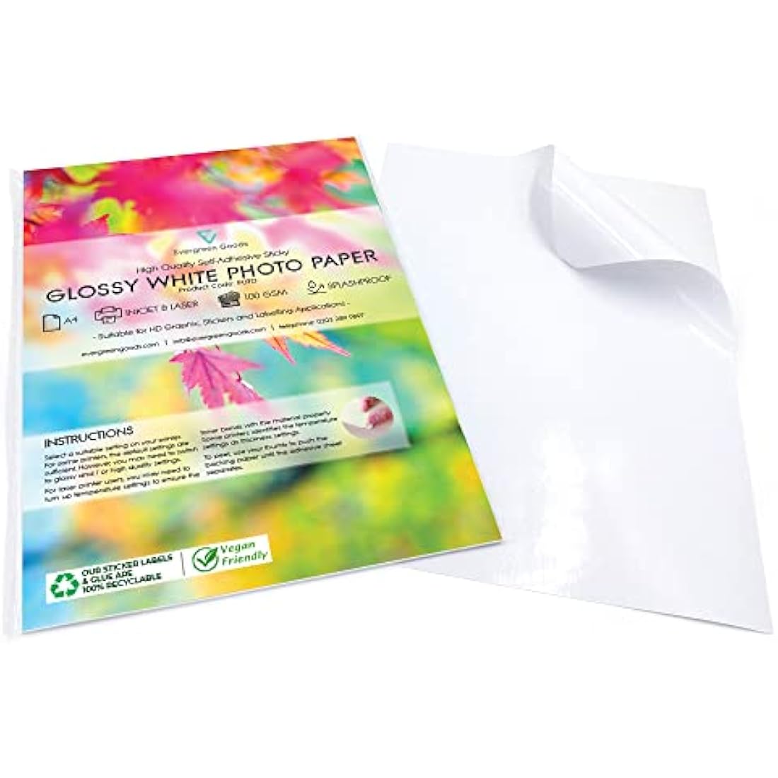 Evergreen Goods 50 Sheets A4 Glossy White Photo Sticker Paper Printable | Splashproof - Inkjet & Laser Printers | Ideal for Sticker Making - Make Your Own Stickers | Very Sticky Self-Adhesive