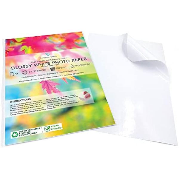 Evergreen Goods 50 Sheets A4 Glossy White Photo Sticker Paper Printable | Splashproof - Inkjet & Laser Printers | Ideal for Sticker Making - Make Your Own Stickers | Very Sticky Self-Adhesive