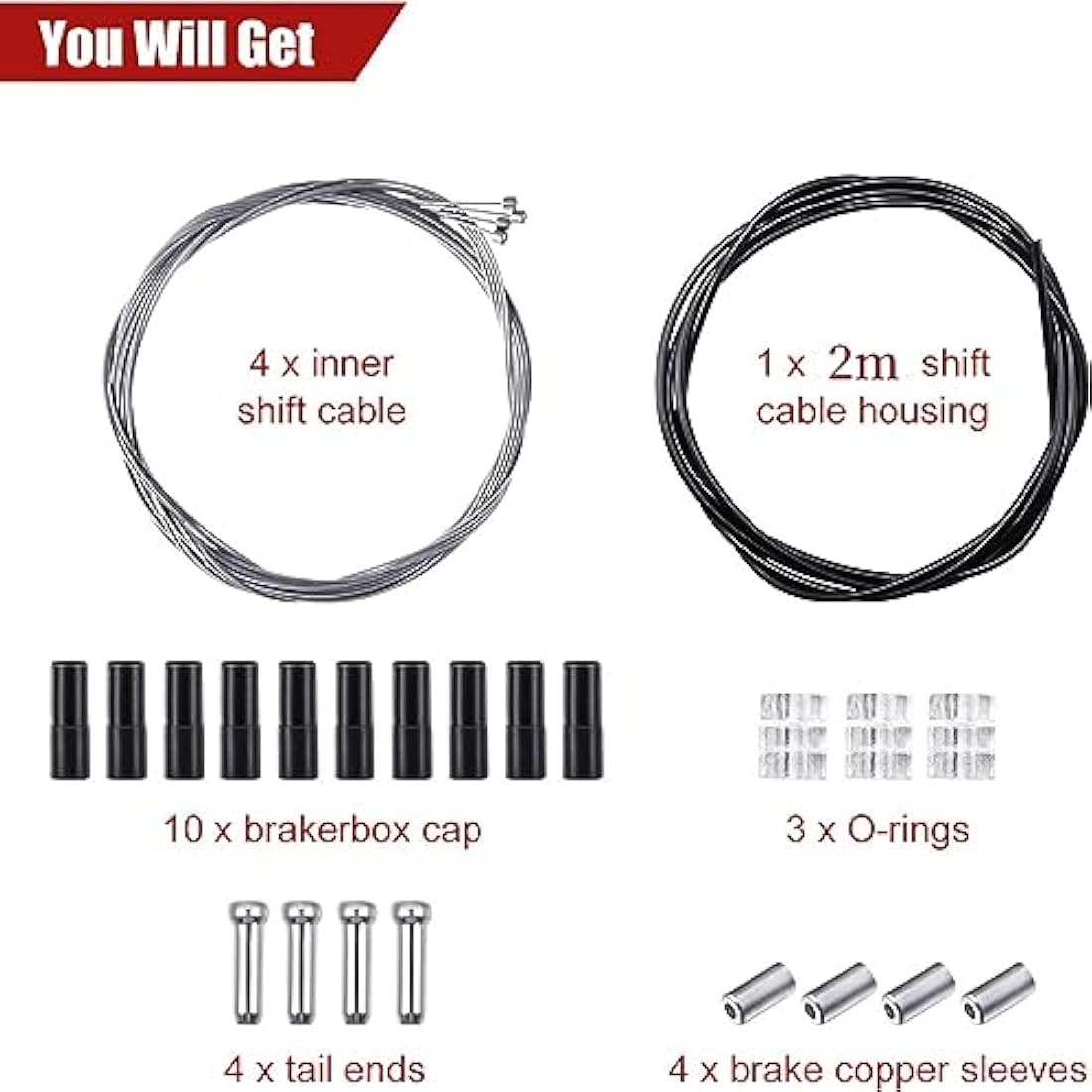 4 Pack Bike Brake Gear Shifter Cable Kit, Universal Bicycle Change Cable Bike Shift Cable and Transmission Cable, Bicycle Cycling Shifter Cable Housing Kit for Mountain Road Bike Repair, Black