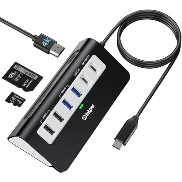 Intpw USB C Hub,9-IN-1 USB Hub 3.0 with Lable 3.28FT,4K HDMI, 2USB-A 3.0, PD 100W, 2USB-A 2.0, USB-C 3.0, SD/TF, Aluminium Docking Station for iPhone16 MacBook Air/Pro/Laptop/Mac OS/Windows
