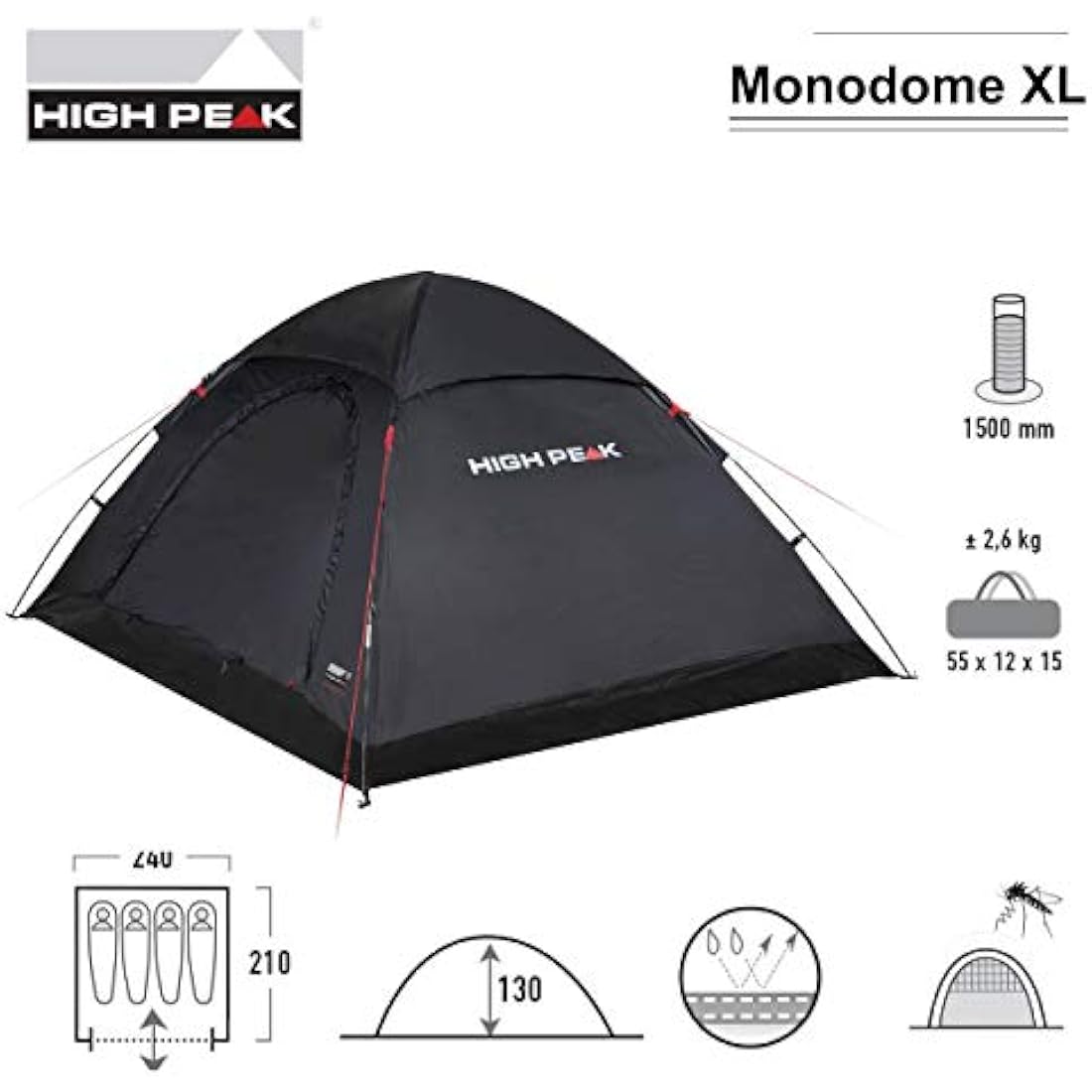 High Peak Monodome XL Dome Tent, Camping Tent for 4 People, Igloo Tent, Festival Tent with Tub Base