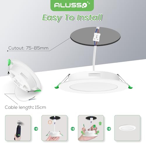 ALUSSO LED Downlights Recessed Ceiling Lights 5W, Neutral White 4500K LED Spotlights Ceiling Lights, Ultra Slim Cut Φ75-85MM, Beam Angle 120° Round Ceiling IP44 for Bathroom Bedroom Kitchen, 12 Pack