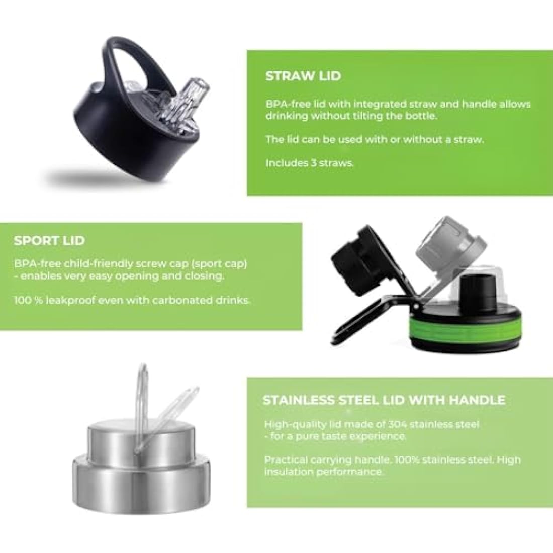 hydro2go Stainless Steel Water Bottle – BPA-Free Bottle for Kids, School, Sports & Outdoor – Keeps Drinks Hot for up to 12H and Cold for up to 24H – Includes 3 Drinking Caps – 530ml (Earth)