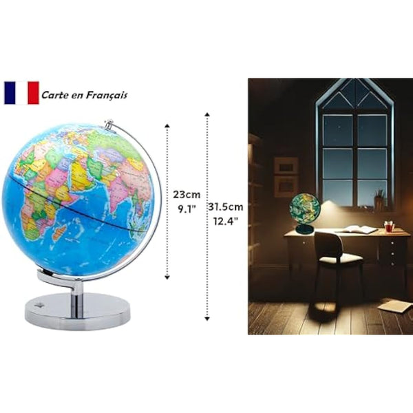 EXERZ 23 cm Illuminated Globe Metal Base – French Map – Student Globe with Cable Free LED Lighting – Political Map (Time of Day) – Constellation Stars (Night) – Fun and