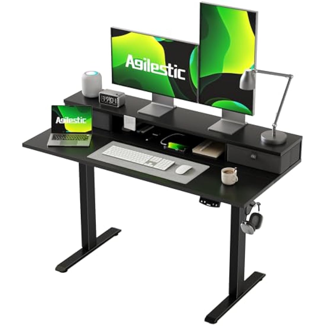 Agilestic Height Adjustable Desk with Two Drawers, 120 x 60 cm Electric Computer Desks with Memory Function, Sit Stand Desk, Black