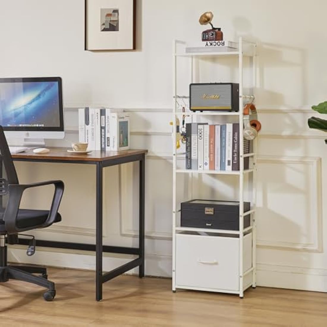 Aibiju Ladder Shelf, Bookshelf, 5 Tier Bookshelf with Drawer, Plant Stand, Living Room Bookcases for Living Room, Bedroom, Kitchen, Steel Frame,White YD-BC001W