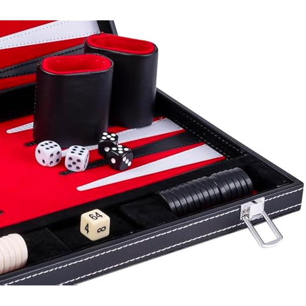 Engelhart- 250516 - Backgammon 15"- Open: 36 x 48 cm - inlaid velvet and stitching leatherette playing field in attache case