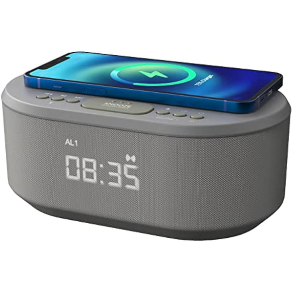 i-box Alarm Clocks Bedside, Alarm Clock with Wireless Charging, Bluetooth Speaker, Radio Alarm Clock, Fast Qi Wireless Charger, Mains Powered, FM Radio, USB Charging Port, Dimmable, Non Ticking