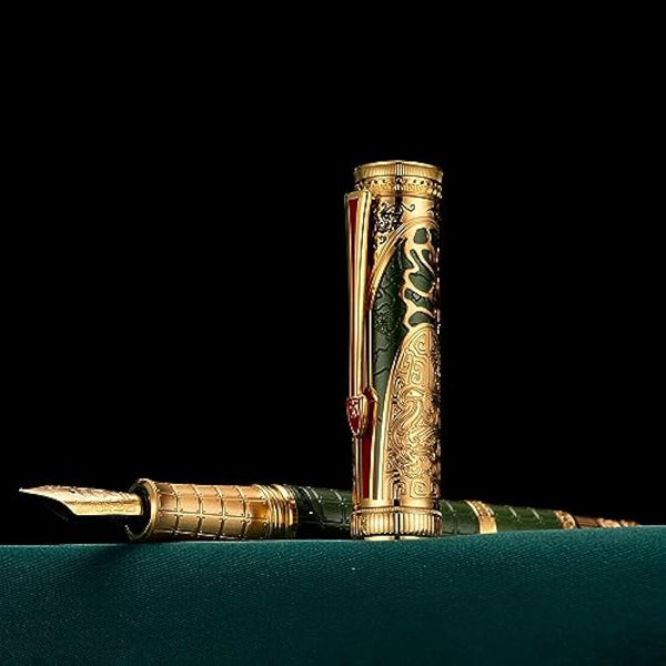 Hong Dian D5 Qin Dynasty Fountain Pen - Green Gold, Extra Fine Point, Piston Filler, Chinese Totem Retro Engraved Soft Writing Pen Set