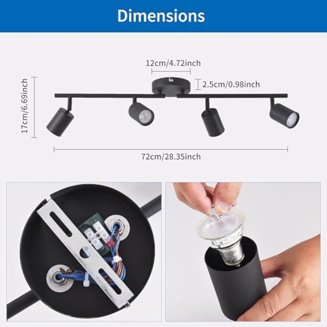 ANWIO 4 Black GU10 Spotlight Ceiling Lights,Bedroom Kitchen Lights Ceiling,GU10 Industrial Hallway Ceilings Light Fitting,Spot Light Bar Indoor Adjustable Light Ceilings Spot Lamp(EUS-EA190811-10)