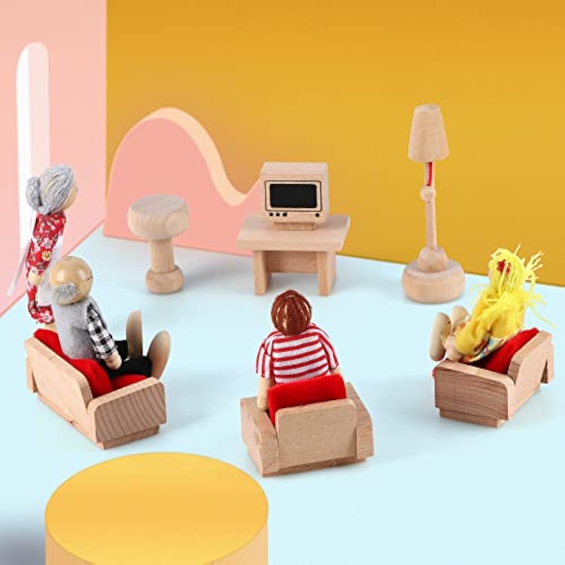 KABENFIS 39PCS 5 Set Dollhouse Furniture Accessories with a family of 6 dolls Decoration Pretend Play Toys for girls boys