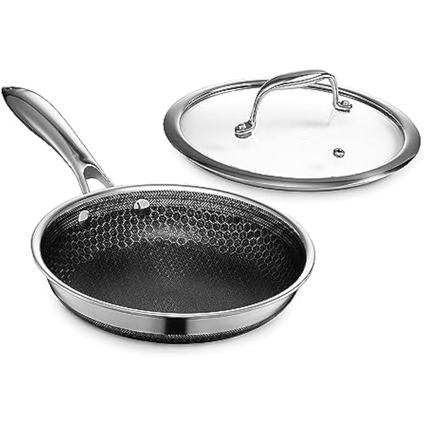 HexClad Hybrid Nonstick 20 cm Fry Pan with Tempered Glass Lid, Stay-Cool Handle, Dishwasher and Oven Safe, Induction Ready, Compatible with All Cooktops