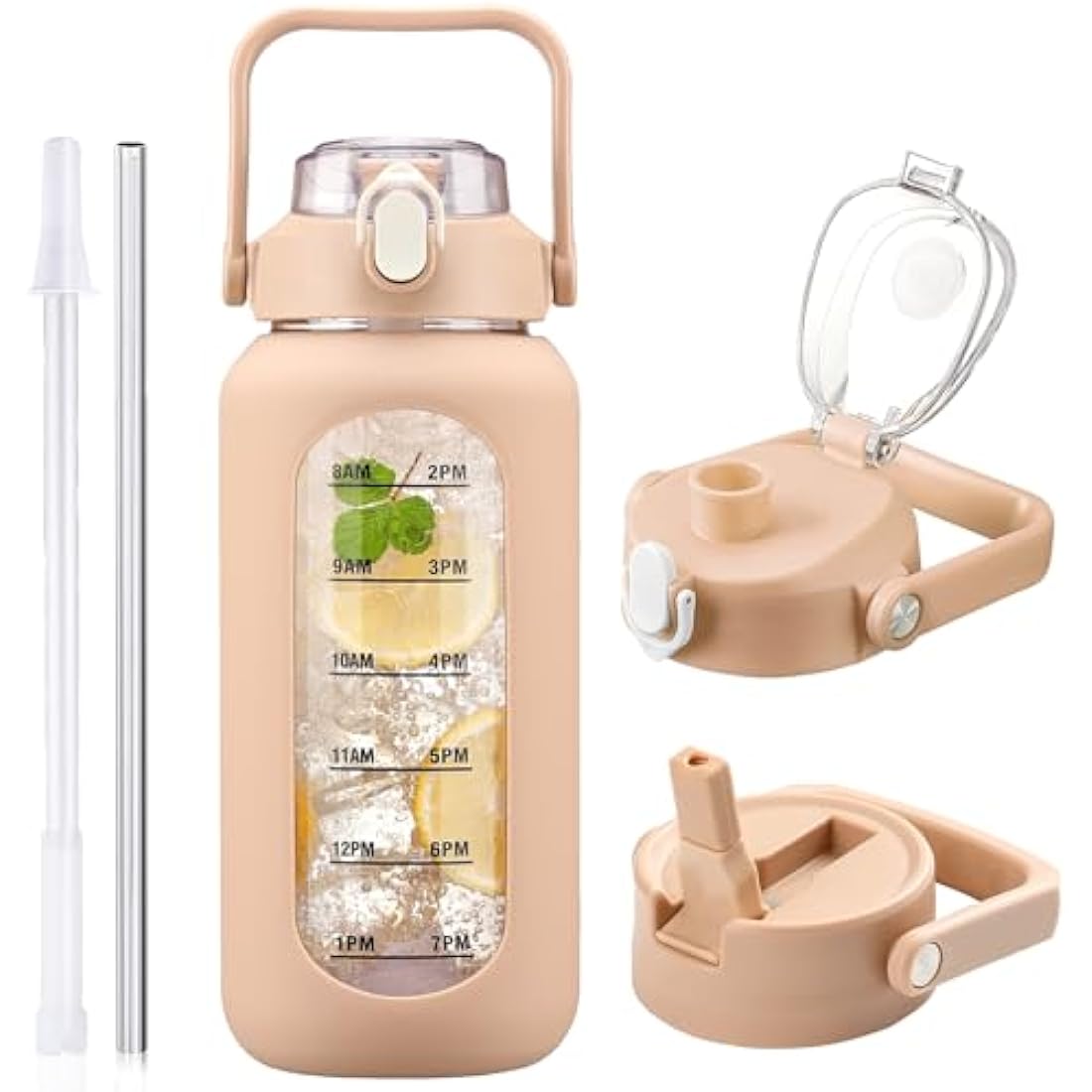 HYDRAGLAZIC 2L Glass Water Bottle with 2 Lids Flip and Chug Lids 2 Liter Large Water Jug with Time Marker and Silicone Sleeve BPA Free Leak-proof for Sports Gym, Amber
