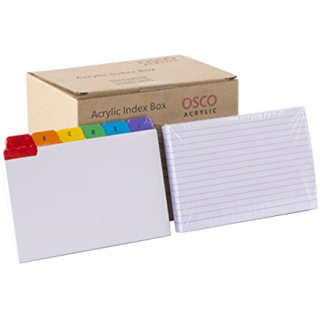OSCO Clear Acrylic Index Box | Regular | A to Z Divider Tabs | 100 Lined Note Sheets Included (6" X 4") | Ruled Revision Flash Cards | Recipe Notes | Office Contacts Filing | Fits A6 Docs