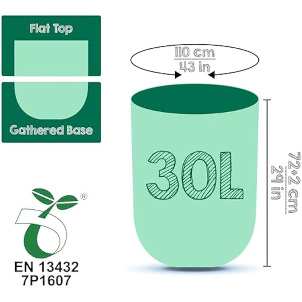 Greener Walker 30L-30Bags 100% Compostable Biodegradable Bin Liners 6L/10L/30L Food Waste Bags with EN13432 Certificate Caddy Kitchen Bin Liners