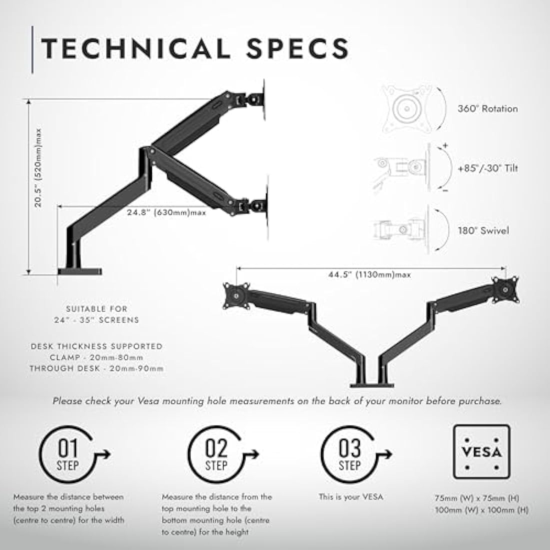 Invision Dual PC Monitor Arm Bracket Ergonomic Height Adjustable (Gas Assisted) Full Motion Long Arm Desktop Clamp Mount for 24”-35” Screens Tilt & Swivel VESA 75mm & 100mm Weight 2kg to 15kg (MX900)