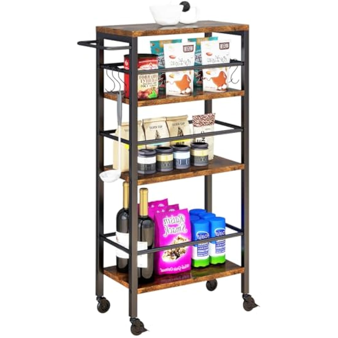IBUYKE Slim Rolling Cart,4-Tier Metal Kitchen Storage Trolley,Trolley cart on Wheels for Narrow Space,with Handle and Wooden Tabletop,for Kitchen, Dining Room,Laundry Room,Rustic Brown TMJ065H