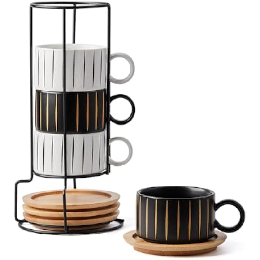 HOME DECOR Stackable Ceramic Coffee Cup, 160ml Cappuccino Mugs and Saucer with Metal Stand for Espressos, Cappuccinos and Lattes Cup, Set of 4 - Striped Collection