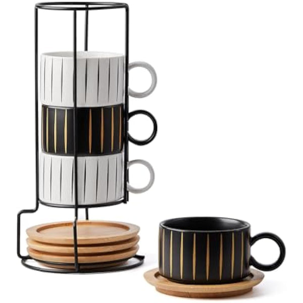HOME DECOR Stackable Ceramic Coffee Cup, 160ml Cappuccino Mugs and Saucer with Metal Stand for Espressos, Cappuccinos and Lattes Cup, Set of 4 - Striped Collection