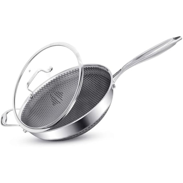 INTIGNIS® 28cm Stainless Steel Wok with Lid | 5L Heavy-Duty Non-Stick Wok Pan | Induction, Oven Safe | Dishwasher Safe | Anti Scratch | Large Frying Pan with Lid for All Hobs