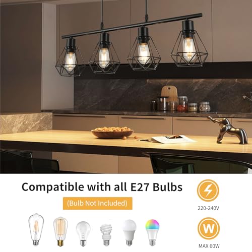 FORCOSO Pendant Lights 4 Lights, Industrial Metal Caged Ceiling Light Fittings E27 Black Hanging Lamp Light Fixture for Kitchen Island Dining Room