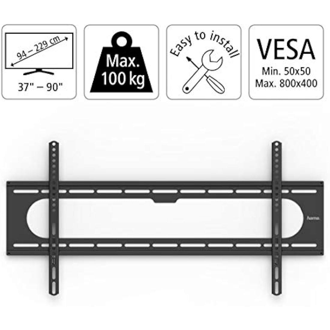 Hama "Strong" FIX TV Wall Bracket | 800 x 400 VESA | For TV's up to 229 cm (90") | Up to 100kg | Black