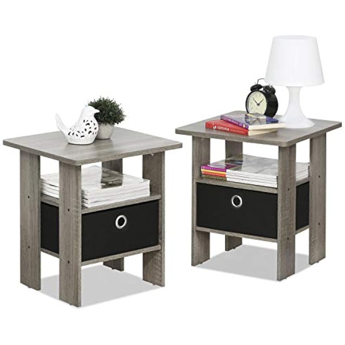 Furinno Andrey Side Table, Nightstand with Bin Drawer, French Oak/Black, Set of 2