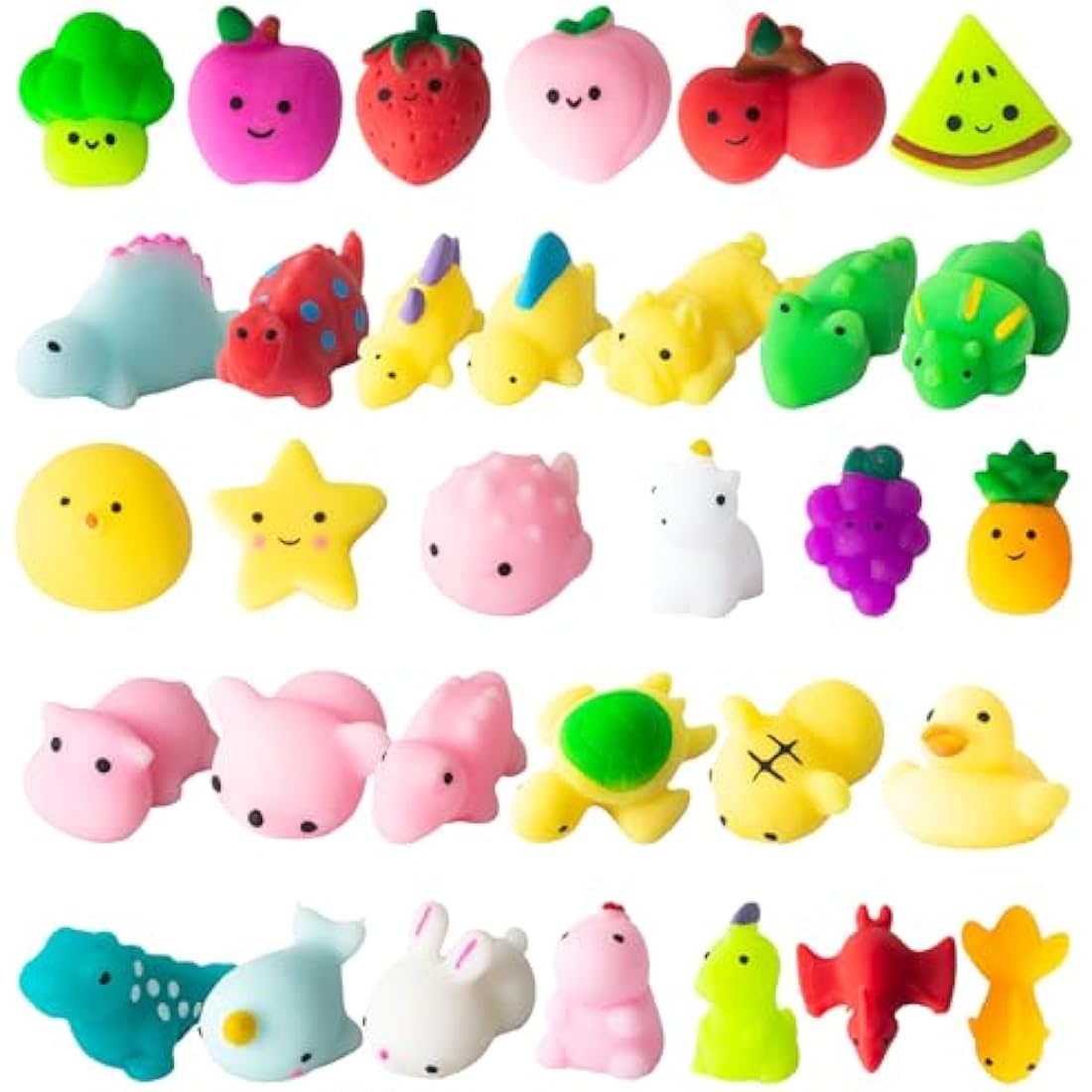 32Pcs Mochi Squishy Toys, Kawaii Animals Dinosaur Fruits Mini Squeeze Toys Pack, Soft Squishies Stress Relief Sensory Fidget Toys Party Bags Fillers for Kids Birthday Party Favors Gifts