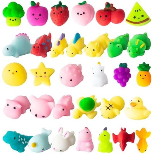 32Pcs Mochi Squishy Toys, Kawaii Animals Dinosaur Fruits Mini Squeeze Toys Pack, Soft Squishies Stress Relief Sensory Fidget Toys Party Bags Fillers for Kids Birthday Party Favors Gifts
